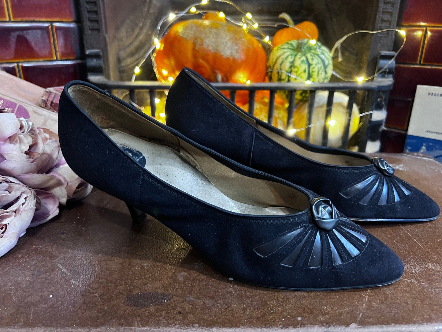1940’s Vintage Shoes Black Suede Gold Cross Shoes Black Suede UK5.5 - Vintage stiletto - Vintage Shoes, 1940s Vintage Footwear, vintage shoe