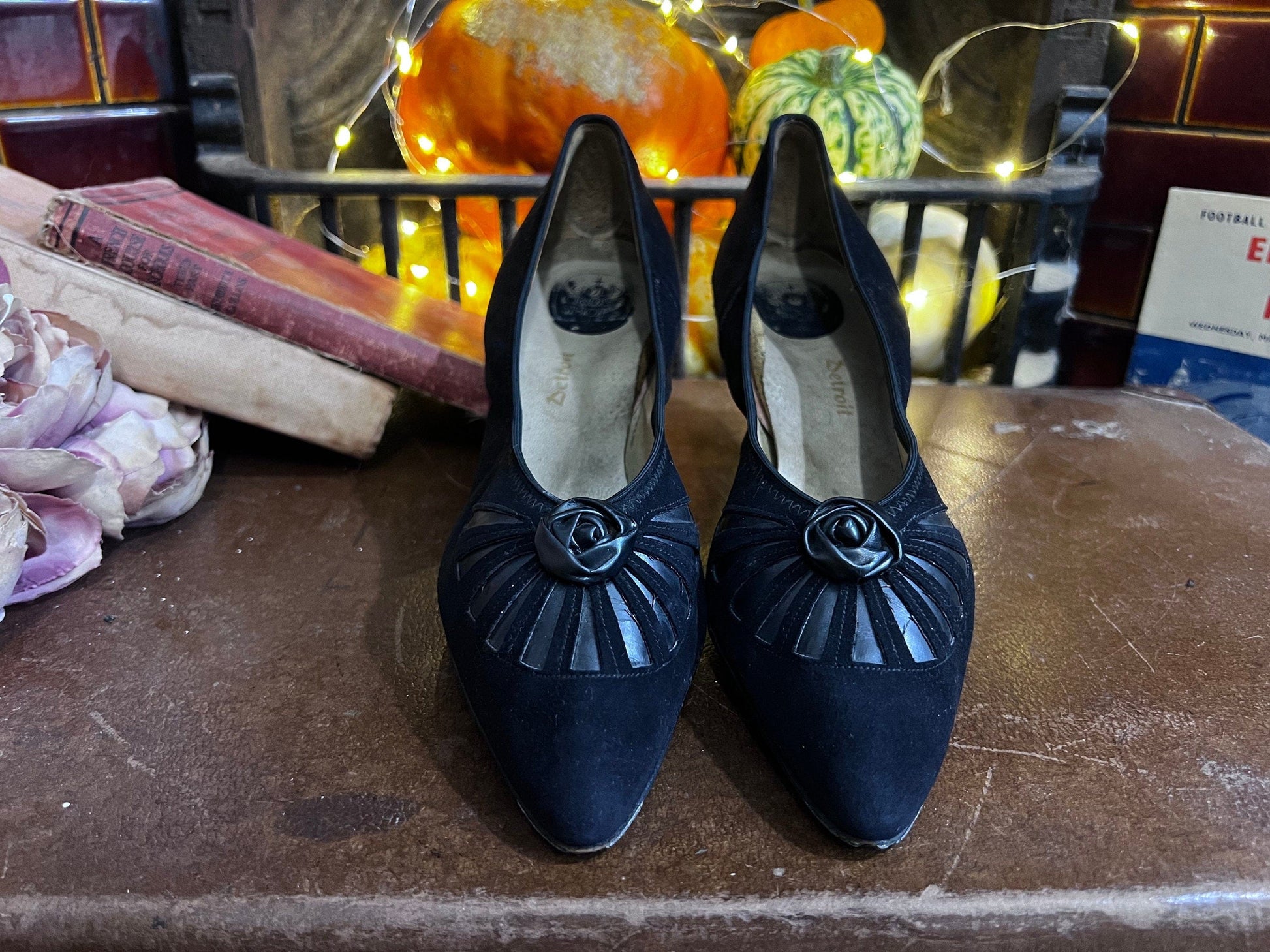 1940’s Vintage Shoes Black Suede Gold Cross Shoes Black Suede UK5.5 - Vintage stiletto - Vintage Shoes, 1940s Vintage Footwear, vintage shoe