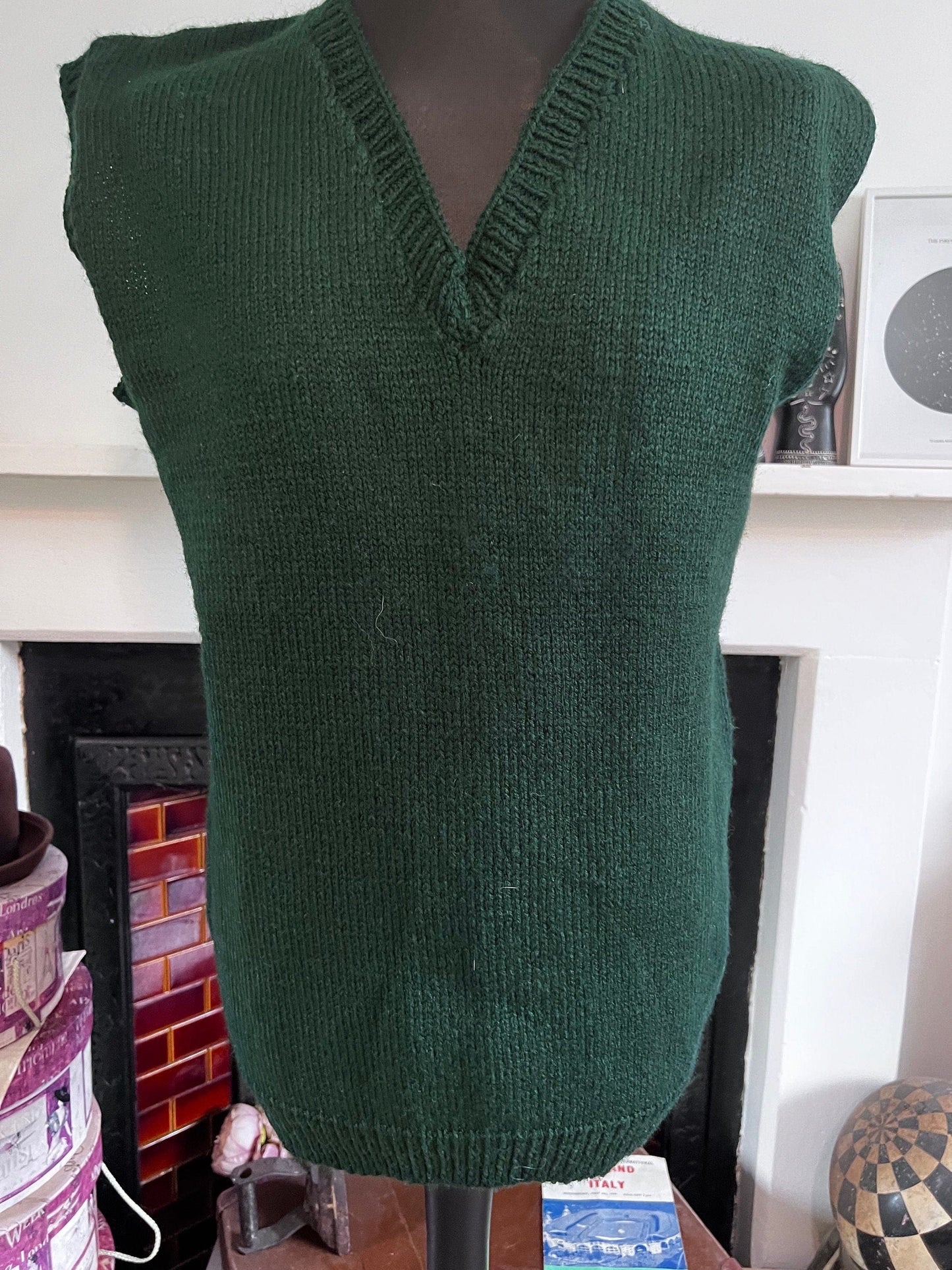 1940s Hand Knitted Green Jumper Sleeveless Green 40s Knitwear Jumper - mens Jumper, handmade wartime WW2 Knitwear, sleeveless vintage jumper