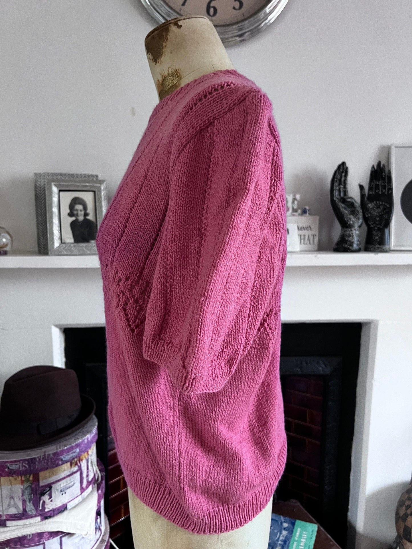 1940s Hand Knitted Jumper Short Sleeve Pink 40s Knitwear Jumper - Ladies Jumper, handmade wartime WW2 Knitwear, short sleeve vintage jumper