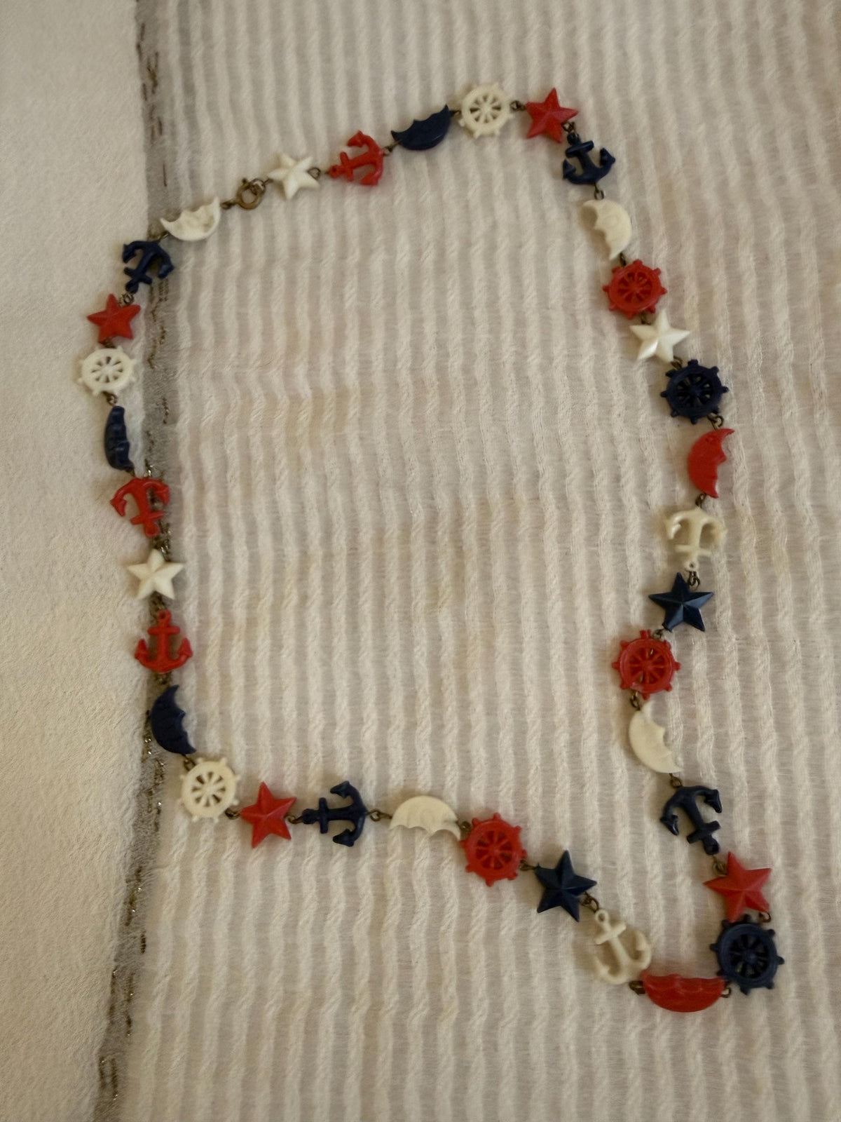 Vintage 1940s Nautical Charm Necklace, Red White Blue Plastic Necklace, Anchor Ship Wheel Star Jewellery