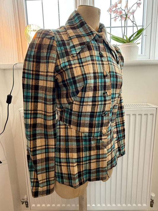 Vintage 1940s Handmade Check Top – Plaid Button Front Blouse, Lightweight Long Sleeve UK 10–12, Retro Wartime Style