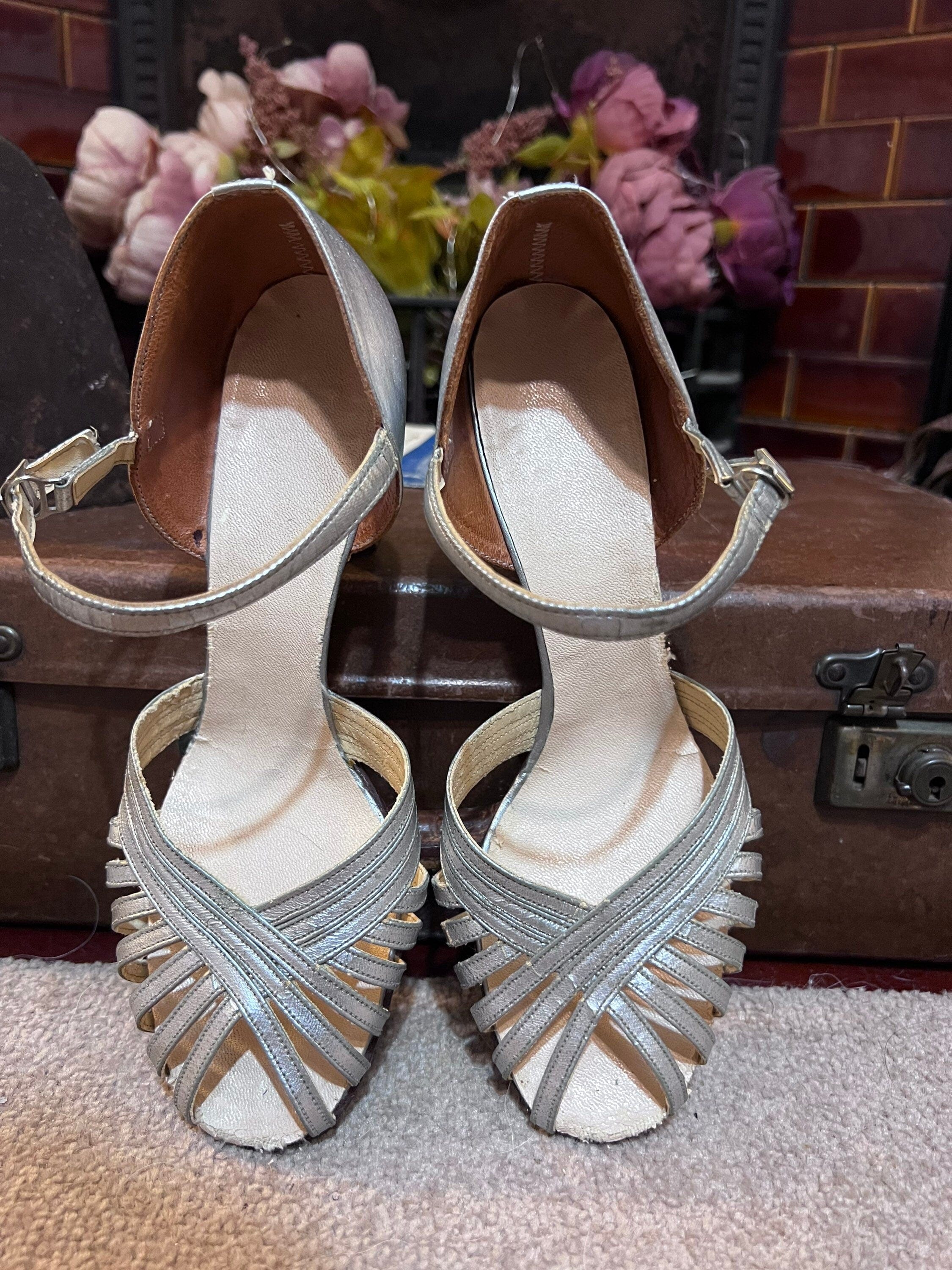 1940s Vintage Shoes Silver Evening Sandals Dance Shoes UK 5 5.5