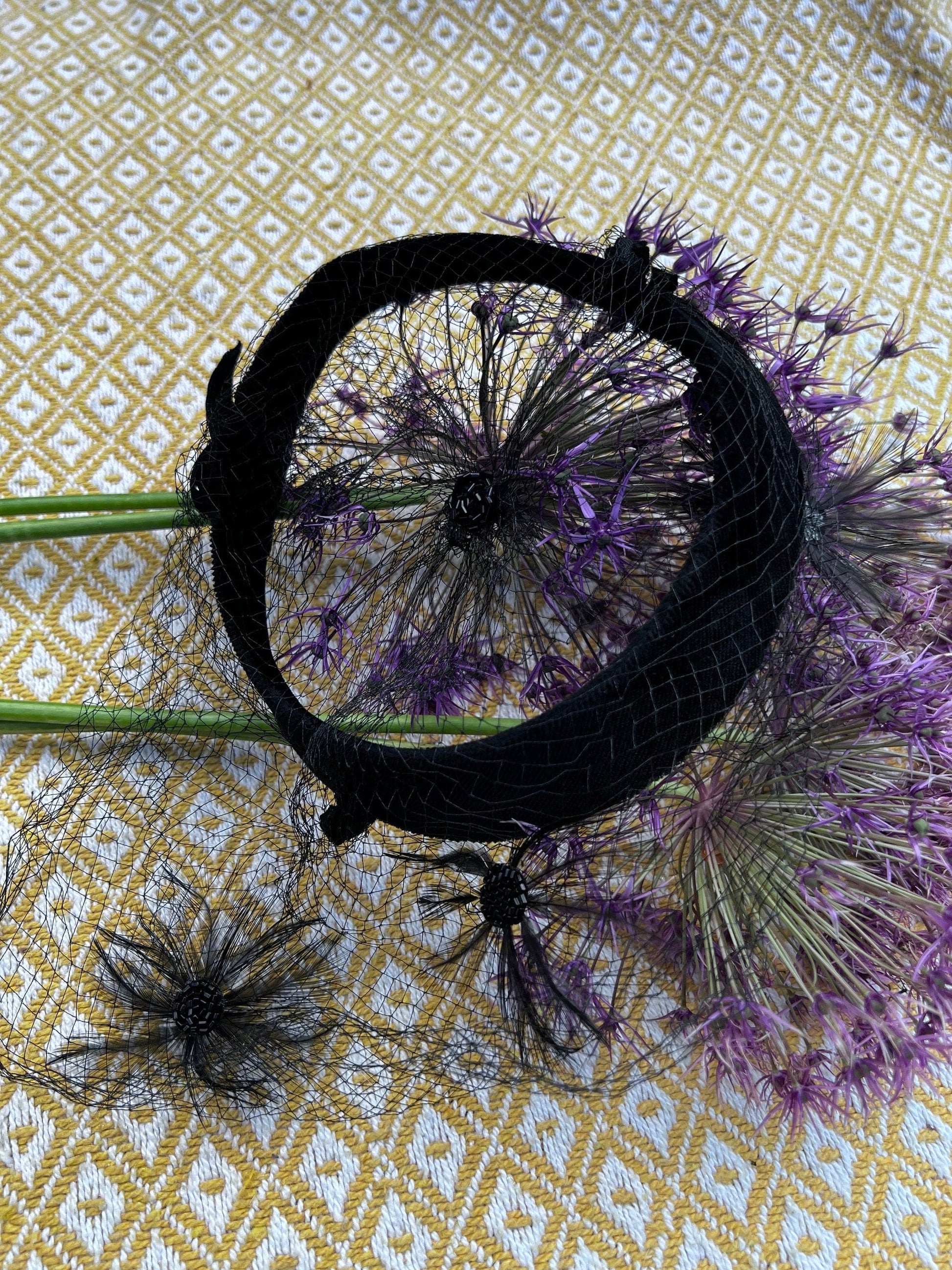 1950s Black Veil Band Hat,  velvet hat - 50s velvet bows ribbons and black birdcage veil floral feathers birdcage veil