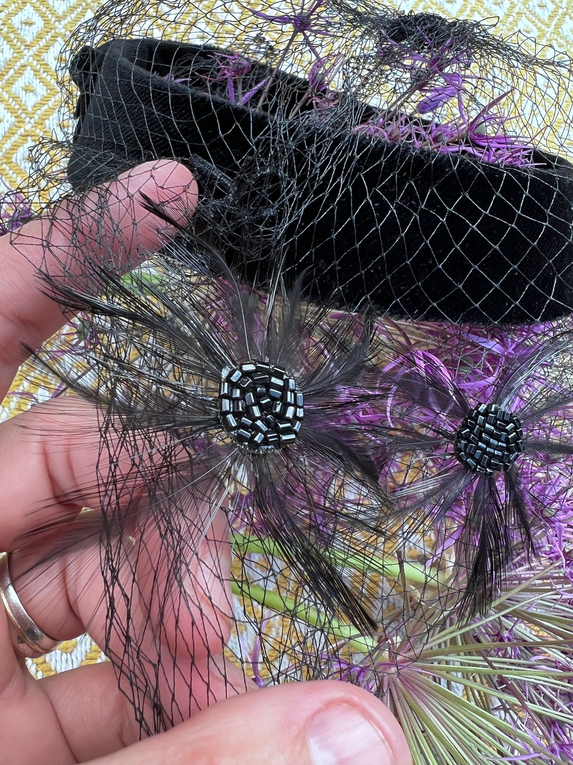 1950s Black Veil Band Hat,  velvet hat - 50s velvet bows ribbons and black birdcage veil floral feathers birdcage veil