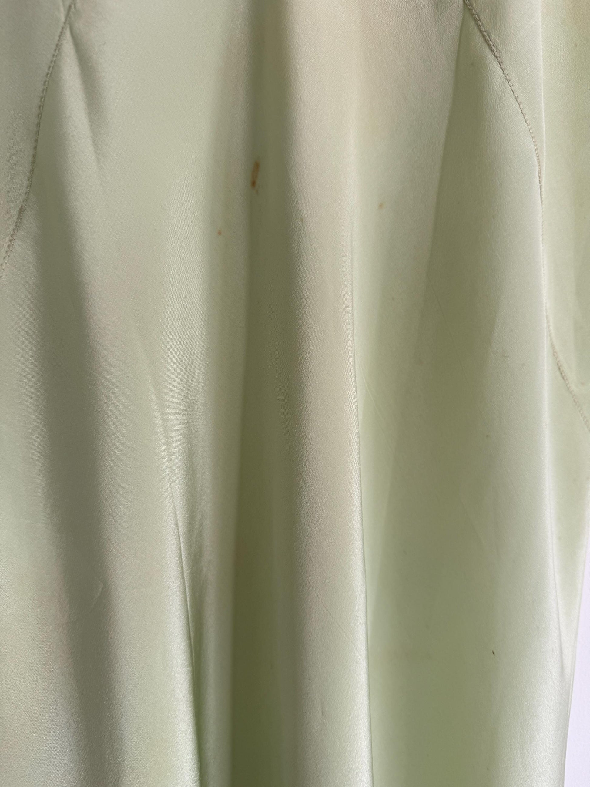 1950s Pistachio Green Satin Slip Dress | Full Length Lace Nightdress, Bias Cut Lingerie