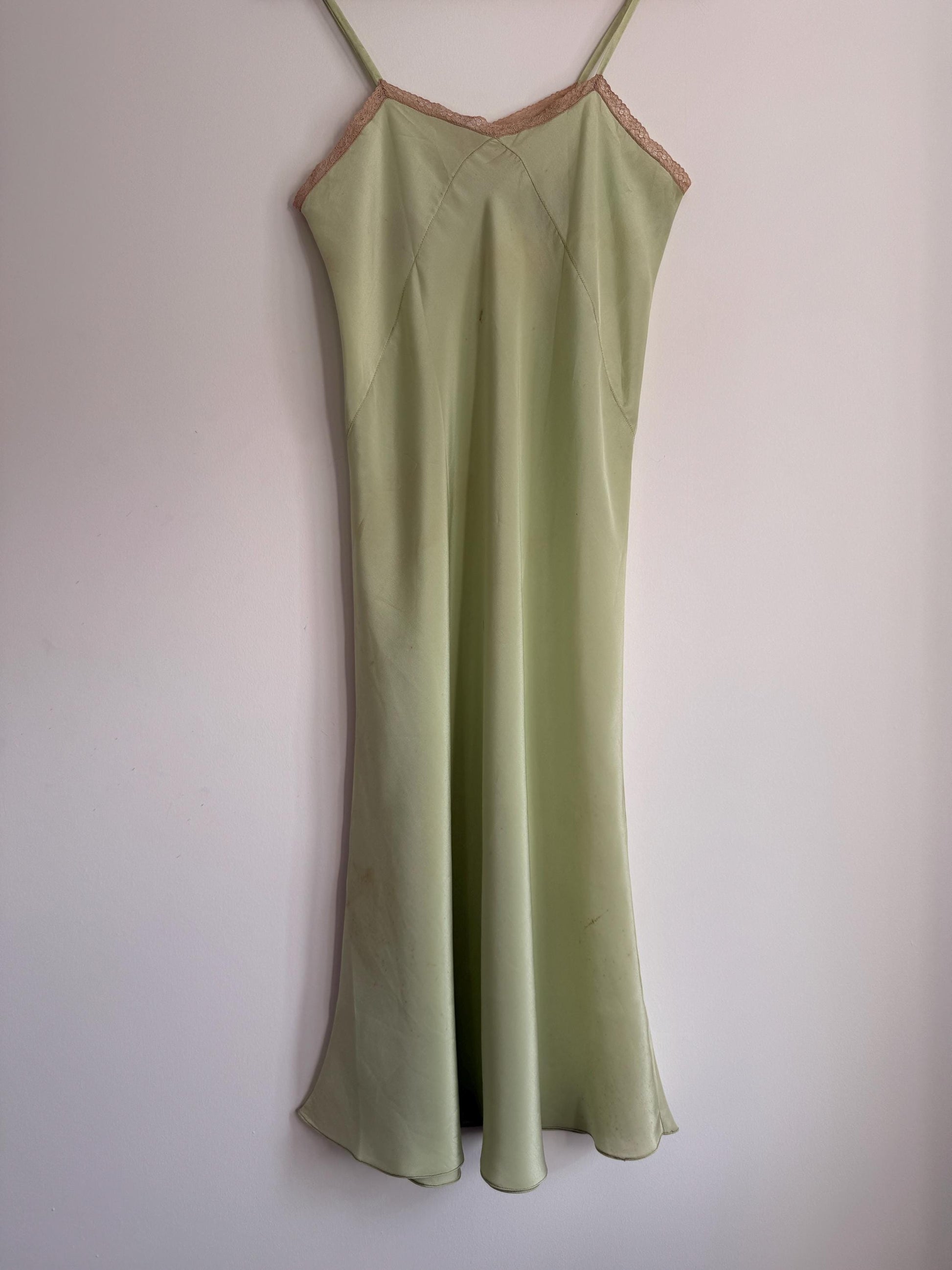 1950s Pistachio Green Satin Slip Dress | Full Length Lace Nightdress, Bias Cut Lingerie