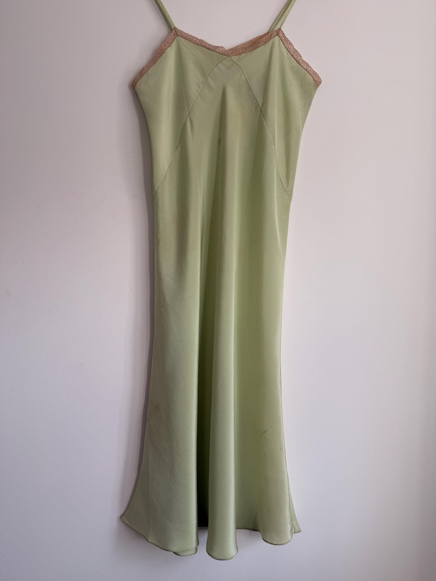 1950s Pistachio Green Satin Slip Dress | Full Length Lace Nightdress, Bias Cut Lingerie