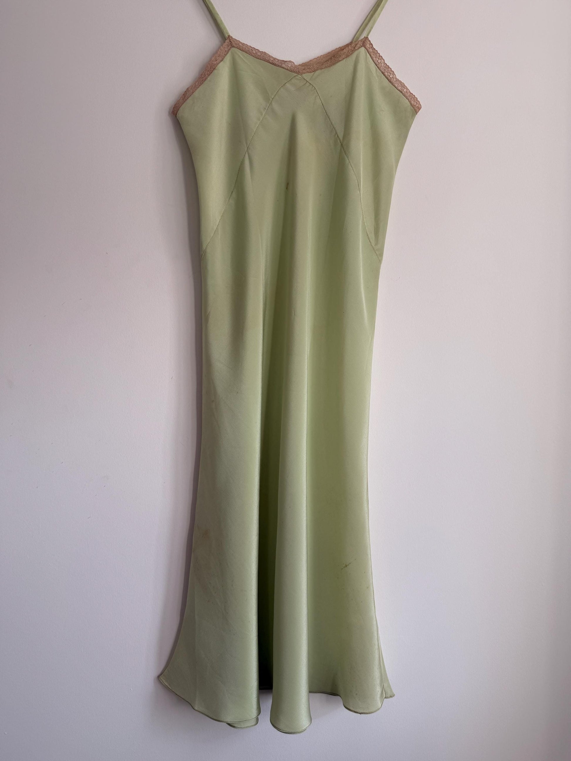 1950s Pistachio Green Satin Slip Dress | Full Length Lace Nightdress, Bias Cut Lingerie