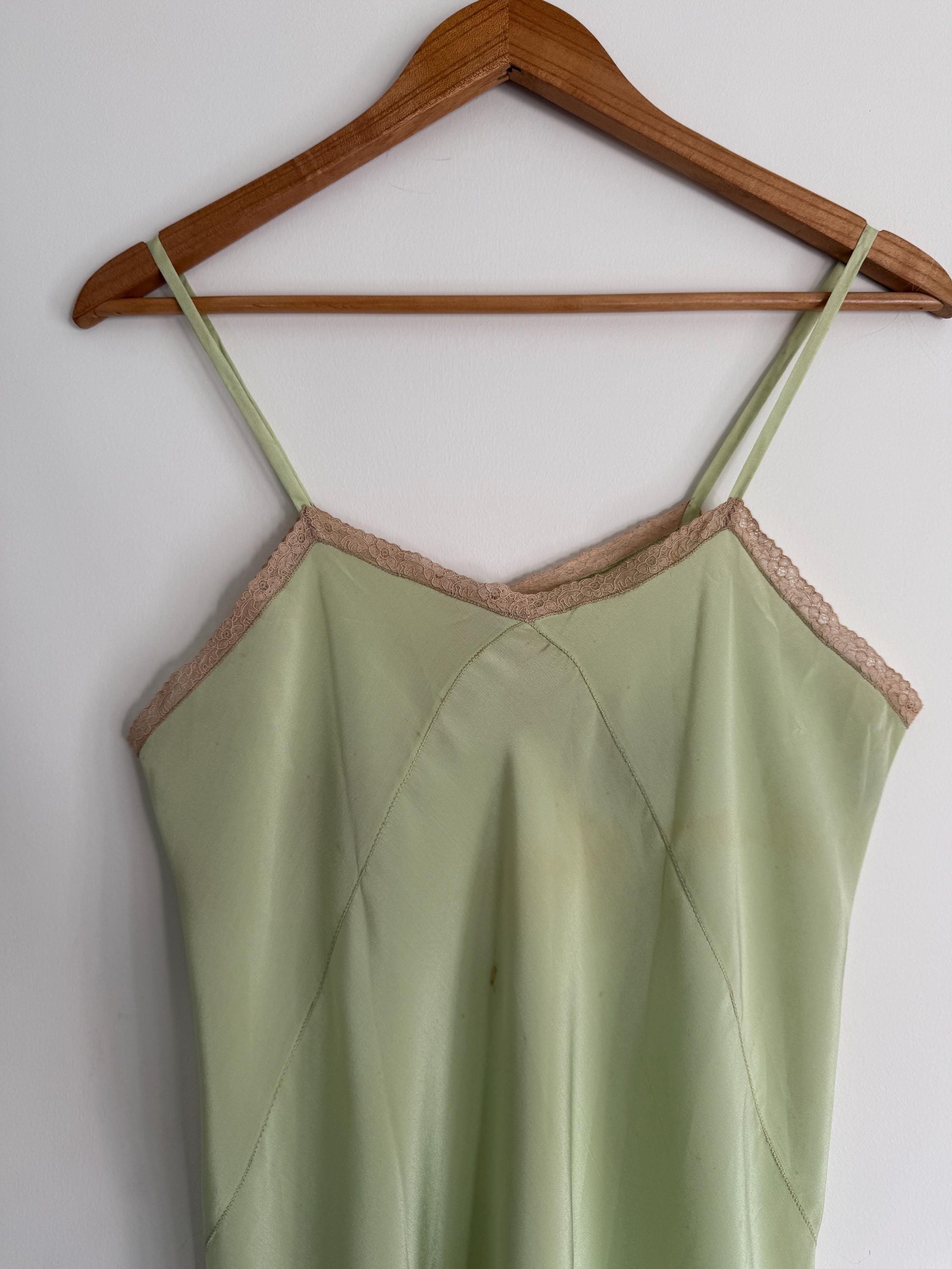 1950s Pistachio Green Satin Slip Dress | Full Length Lace Nightdress, Bias Cut Lingerie
