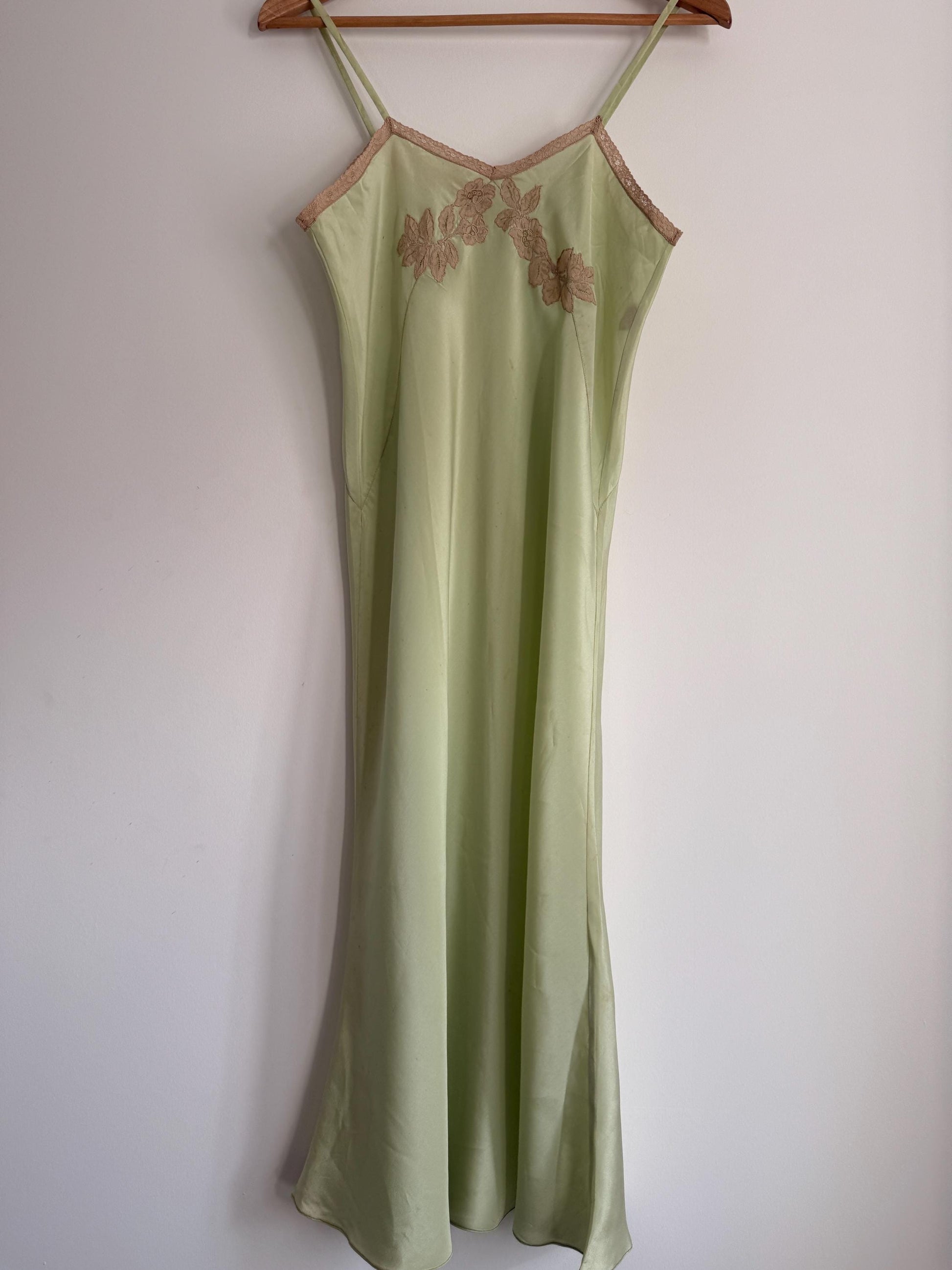 1950s Pistachio Green Satin Slip Dress | Full Length Lace Nightdress, Bias Cut Lingerie