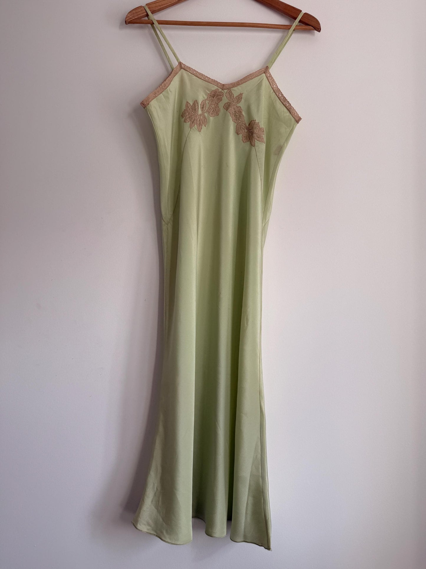 1950s Pistachio Green Satin Slip Dress | Full Length Lace Nightdress, Bias Cut Lingerie
