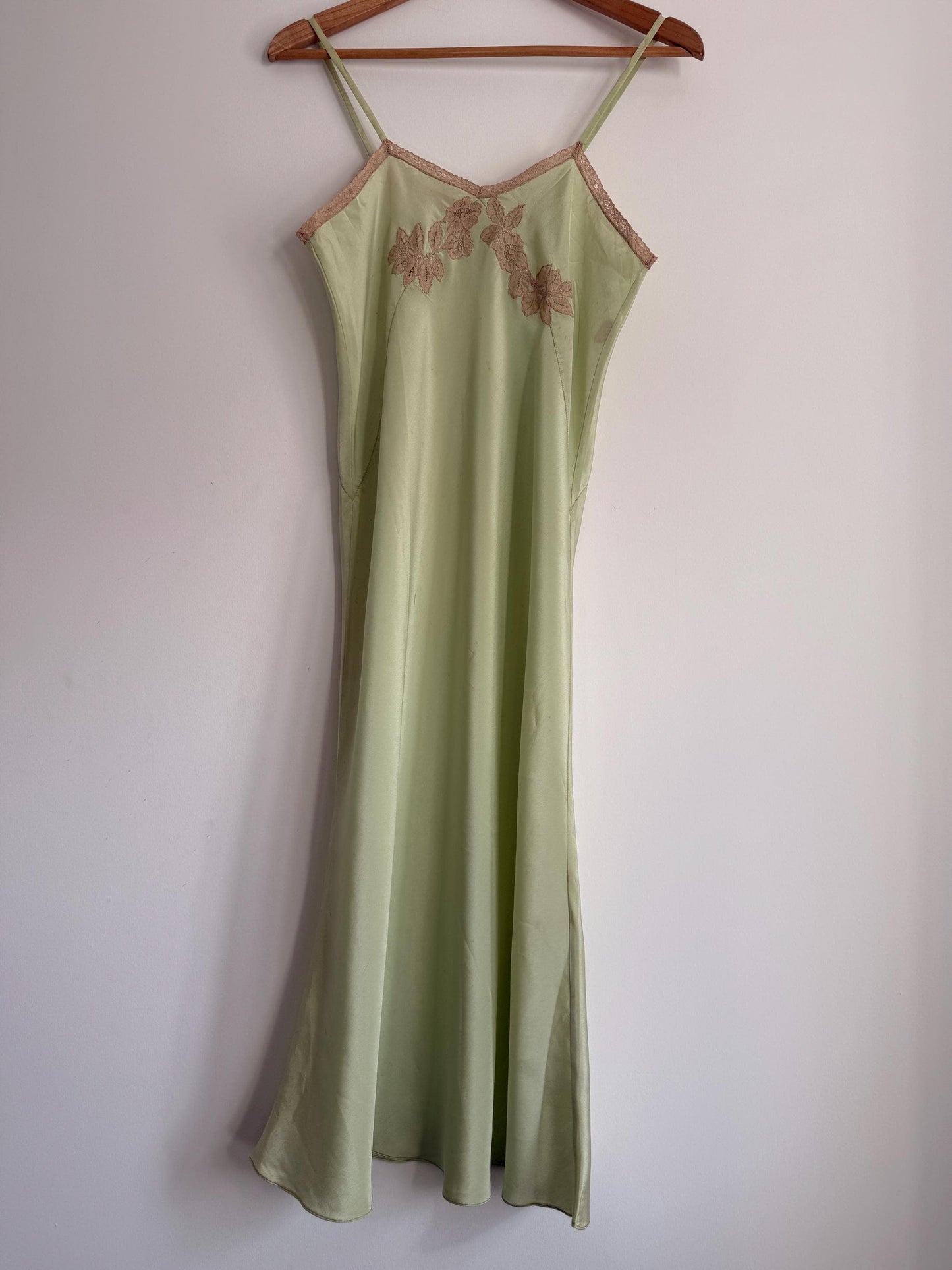 1950s Pistachio Green Satin Slip Dress | Full Length Lace Nightdress, Bias Cut Lingerie