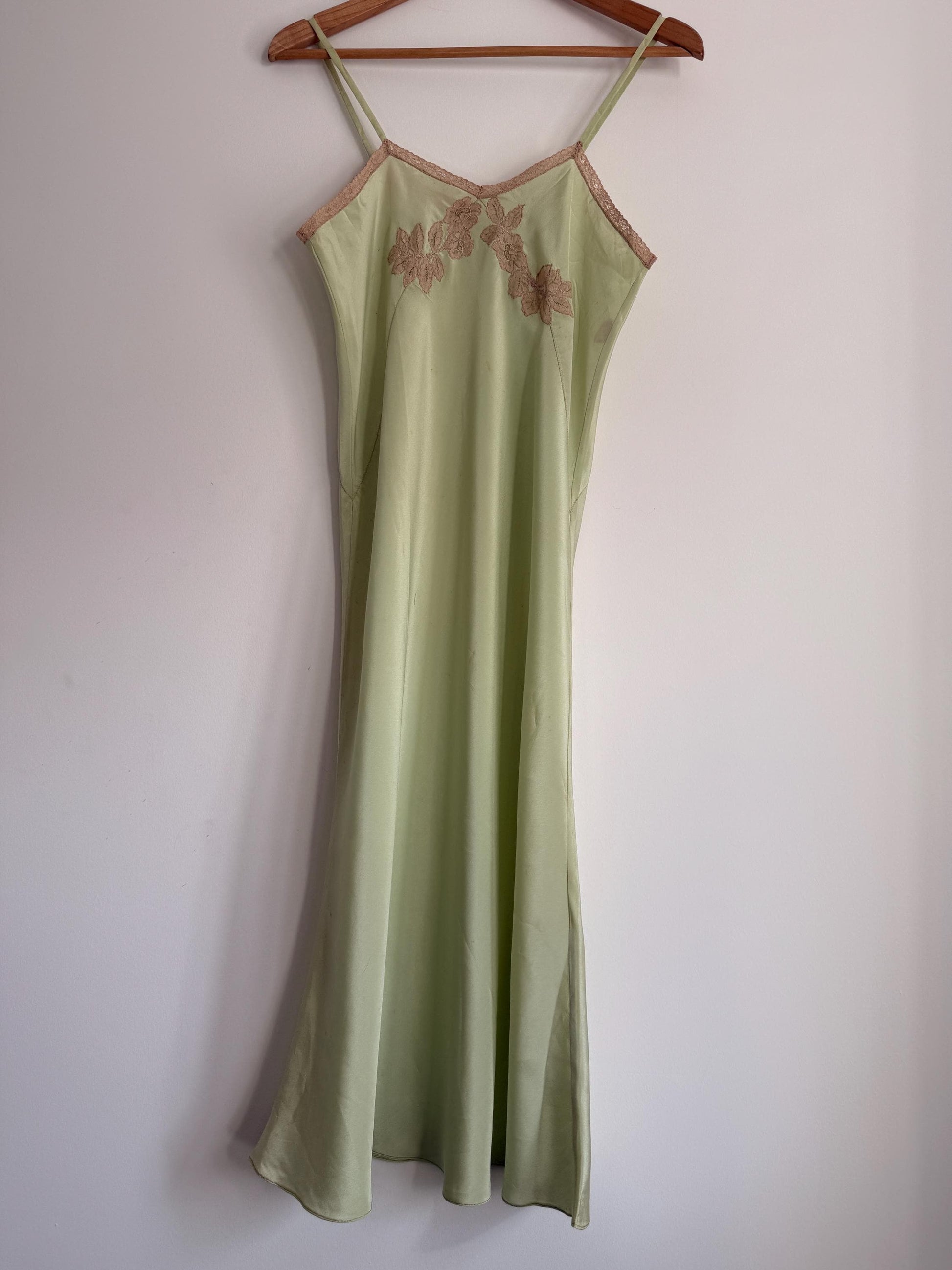1950s Pistachio Green Satin Slip Dress | Full Length Lace Nightdress, Bias Cut Lingerie