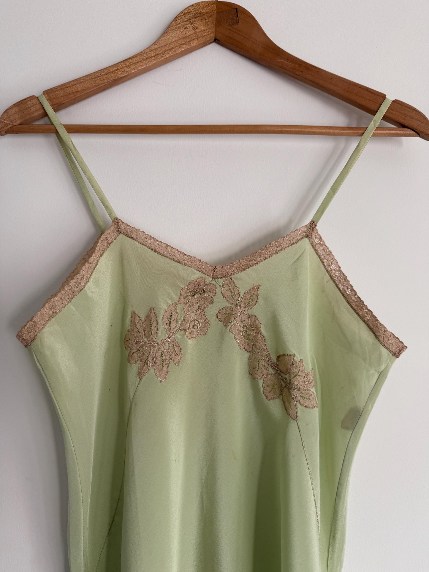 1950s Pistachio Green Satin Slip Dress | Full Length Lace Nightdress, Bias Cut Lingerie