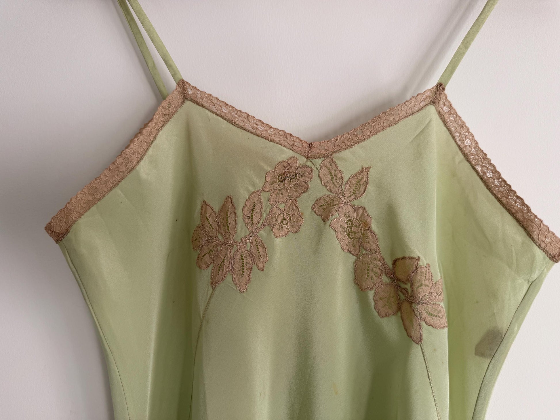 1950s Pistachio Green Satin Slip Dress | Full Length Lace Nightdress, Bias Cut Lingerie