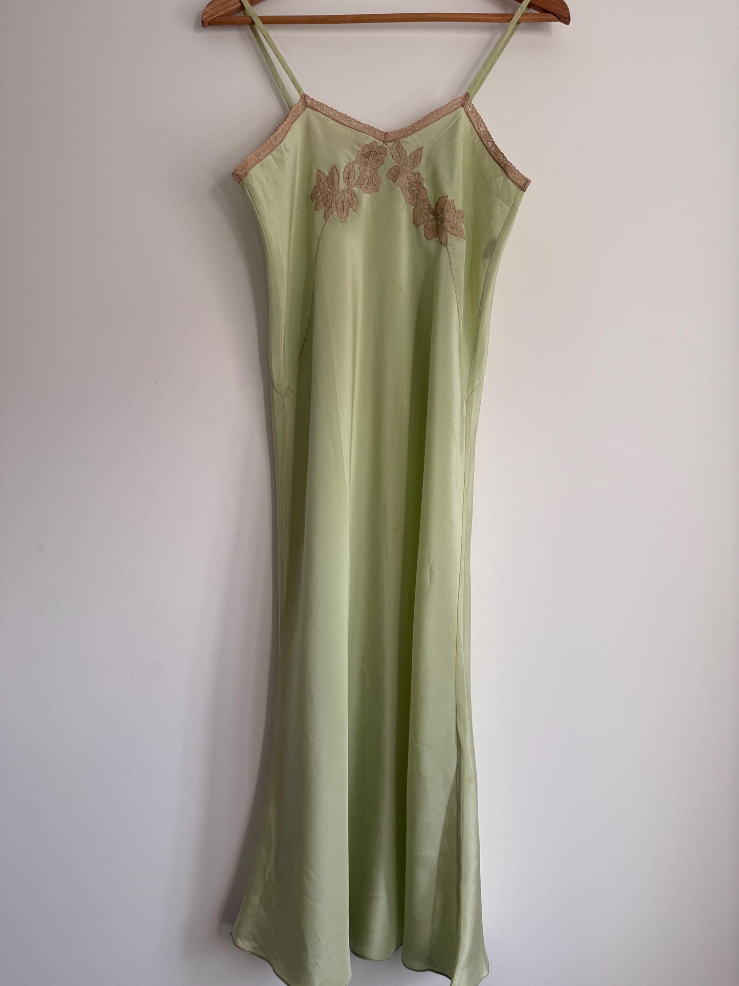 1950s Pistachio Green Satin Slip Dress | Full Length Lace Nightdress, Bias Cut Lingerie