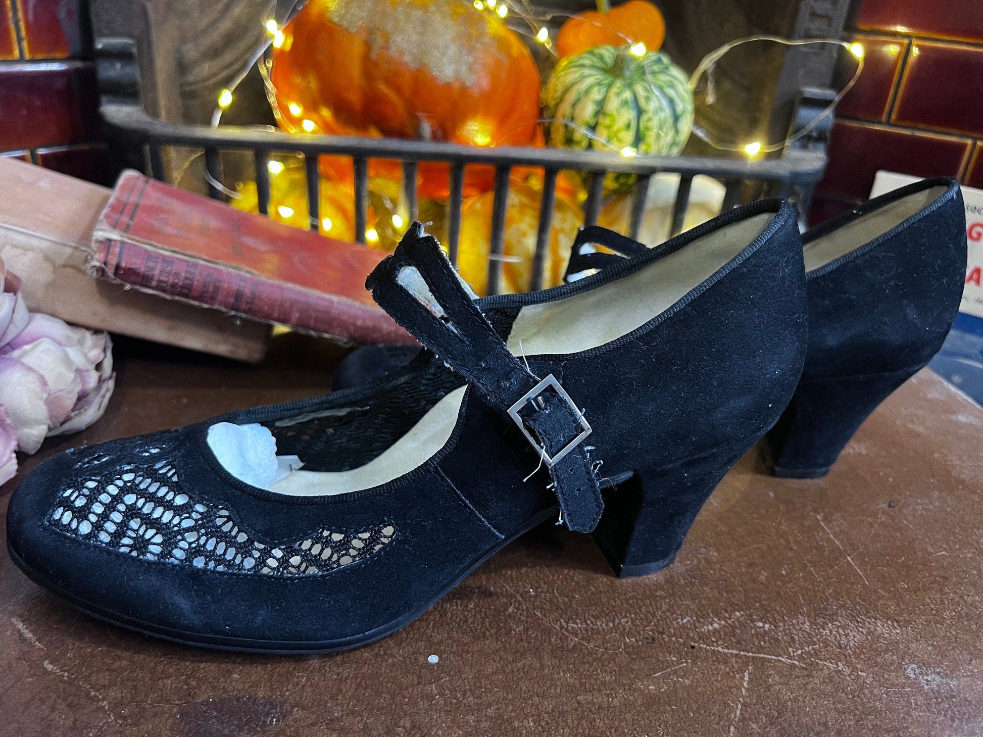 1950s style Vintage Aris Allen Dance shoes Black Suede Crochet UK 6 - Vintage Mary Jane - Vintage Dance Shoes, repro dance shoes 50s