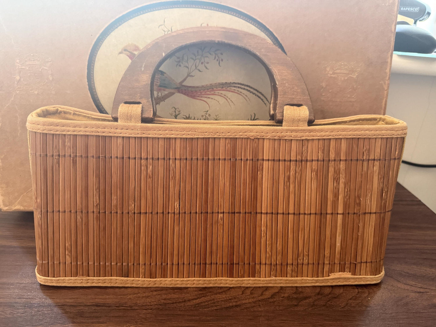 1950s Vintage Bamboo Handbag Wooden Handle Reed Basket Bag Mid Century Summer Purse