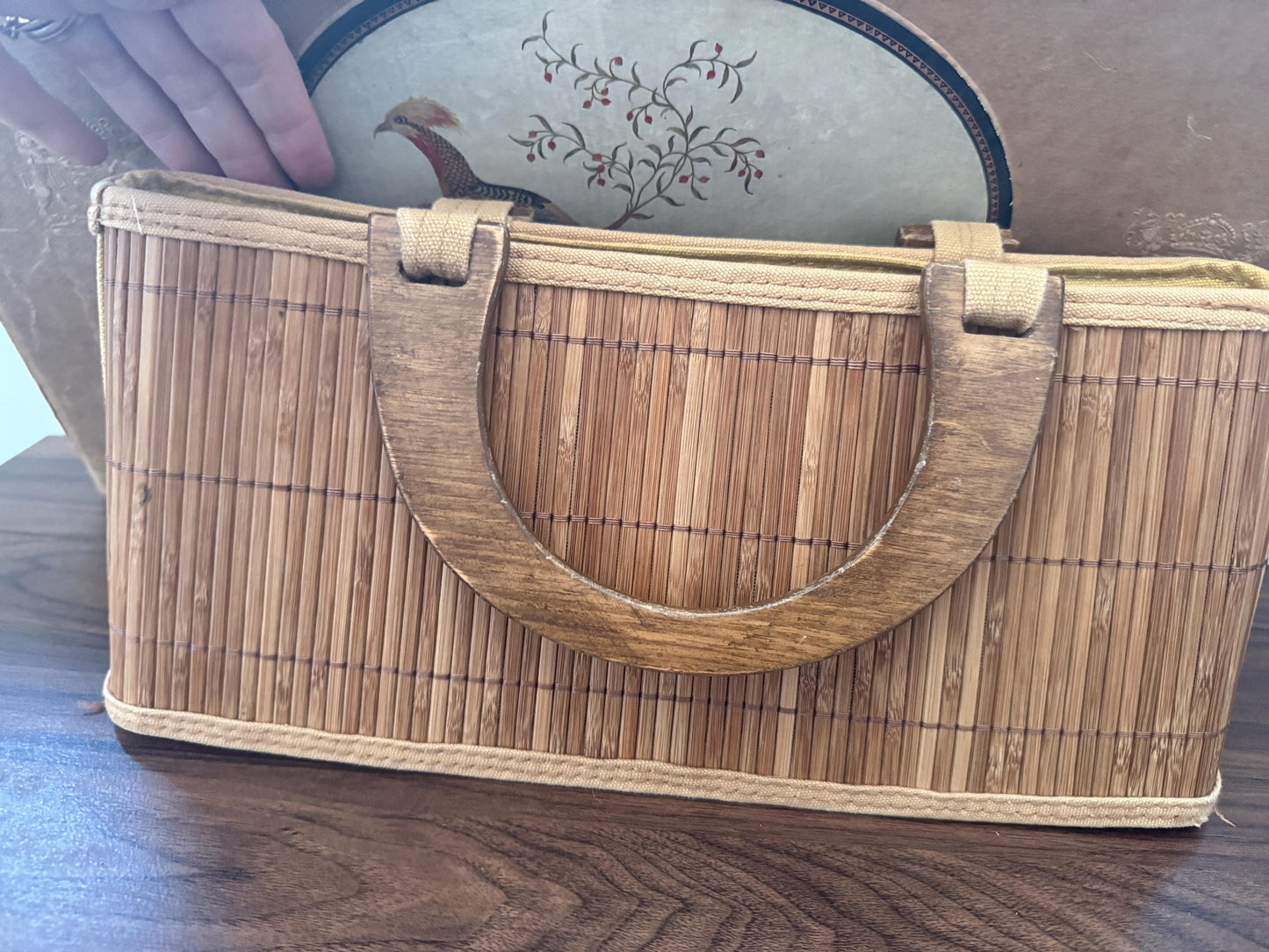 1950s Vintage Bamboo Handbag Wooden Handle Reed Basket Bag Mid Century Summer Purse