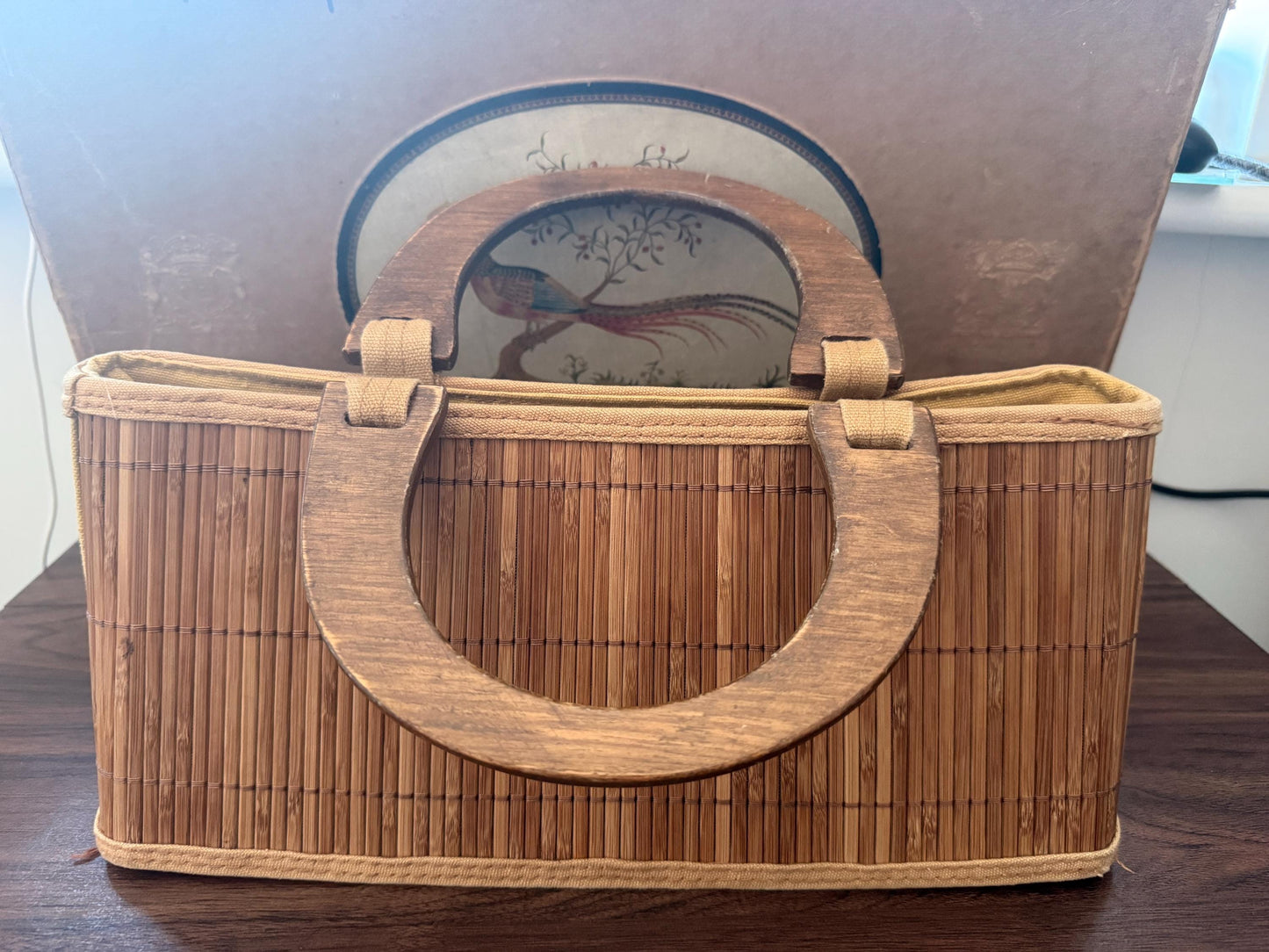 1950s Vintage Bamboo Handbag Wooden Handle Reed Basket Bag Mid Century Summer Purse