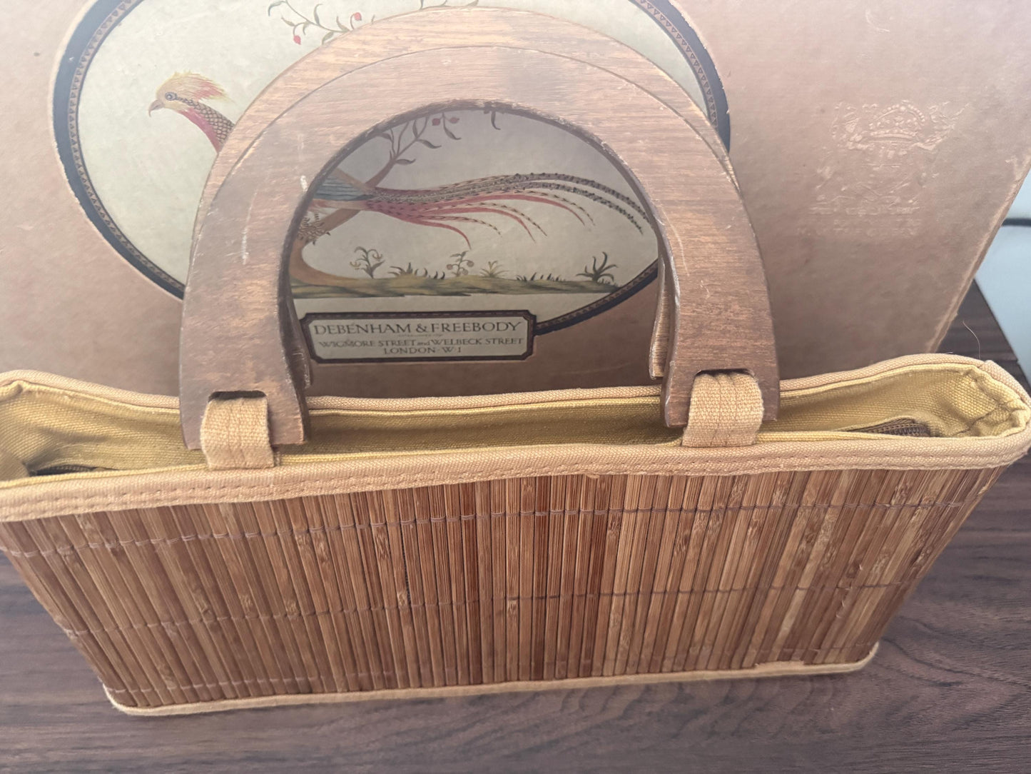 1950s Vintage Bamboo Handbag Wooden Handle Reed Basket Bag Mid Century Summer Purse