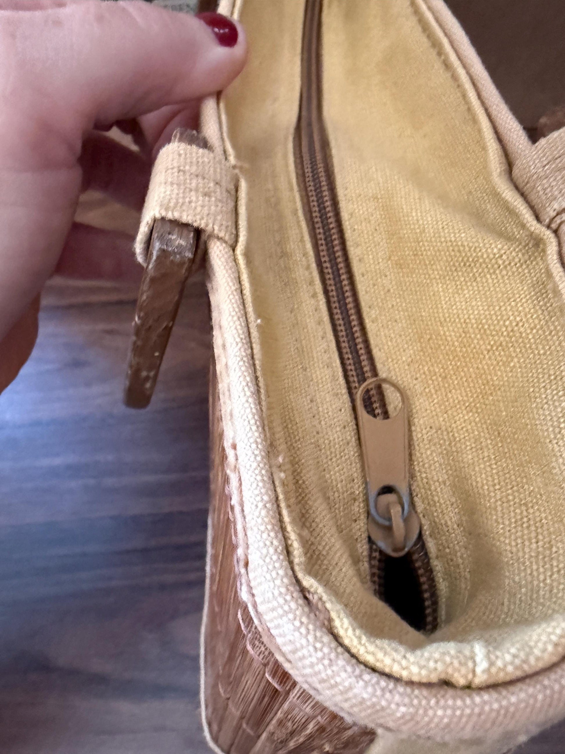 1950s Vintage Bamboo Handbag Wooden Handle Reed Basket Bag Mid Century Summer Purse