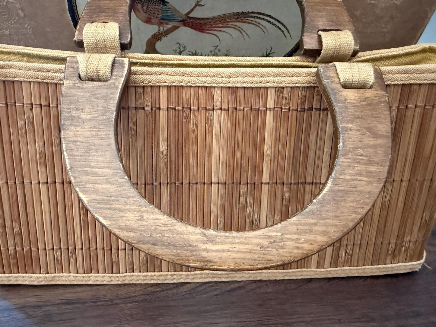 1950s Vintage Bamboo Handbag Wooden Handle Reed Basket Bag Mid Century Summer Purse