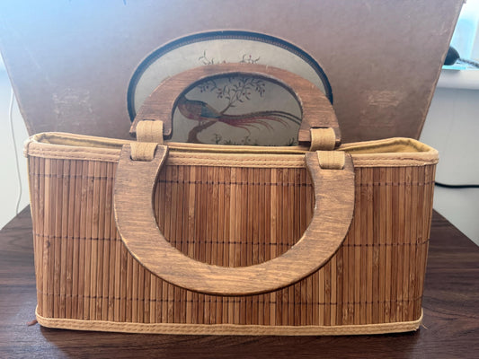 1950s Vintage Bamboo Handbag Wooden Handle Reed Basket Bag Mid Century Summer Purse