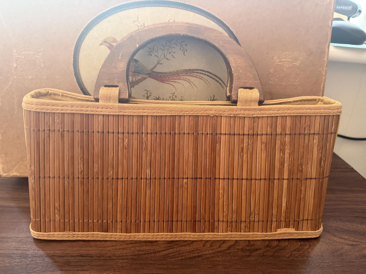 1950s Vintage Bamboo Handbag Wooden Handle Reed Basket Bag Mid Century Summer Purse