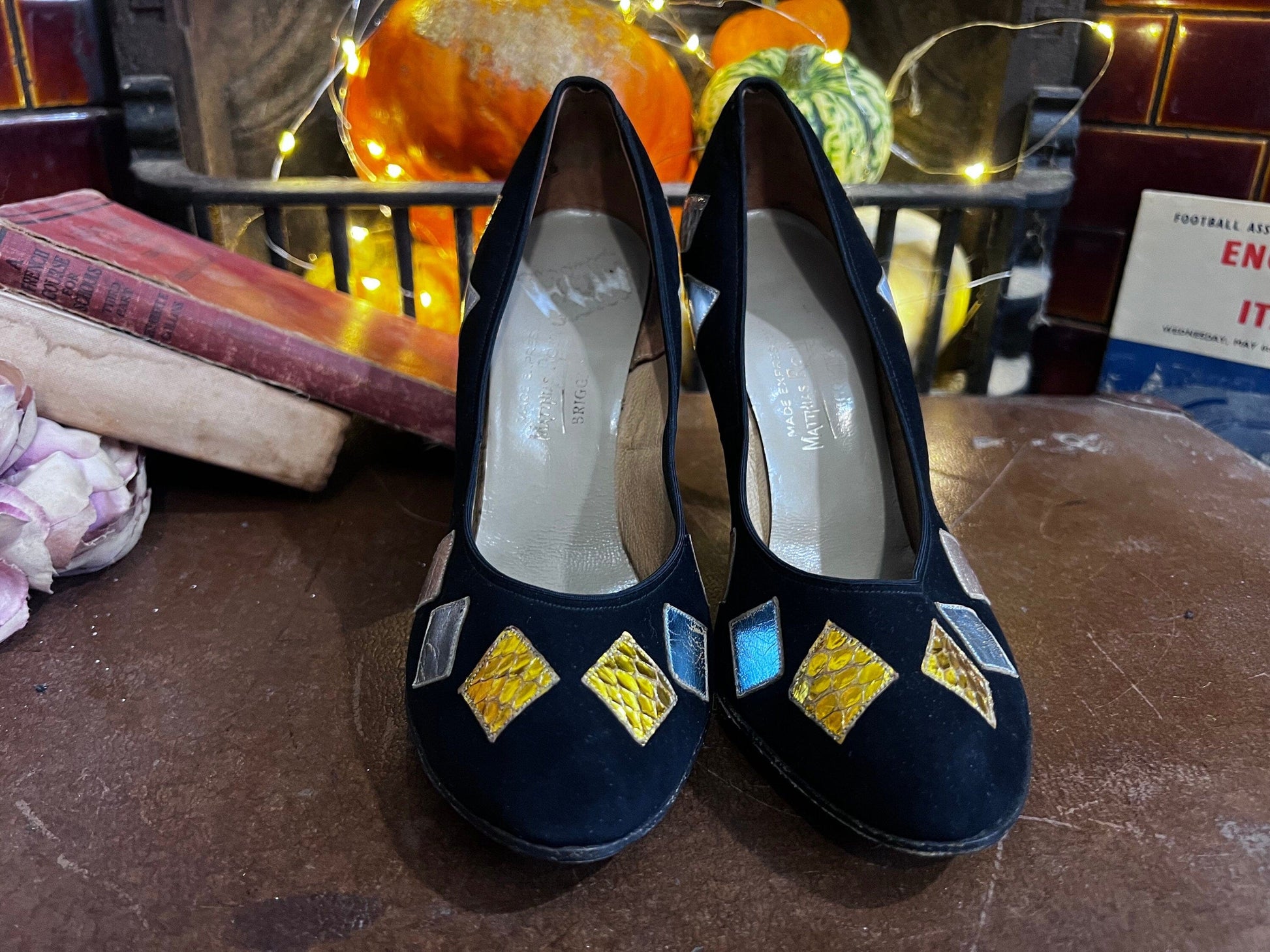 1950s Vintage Black Stilettos shoes Black Suede Patchwork UK4 - Vintage Stilettos - Vintage Shoes, 1950s 60s - Matthias Robinson Ltd -Leeds