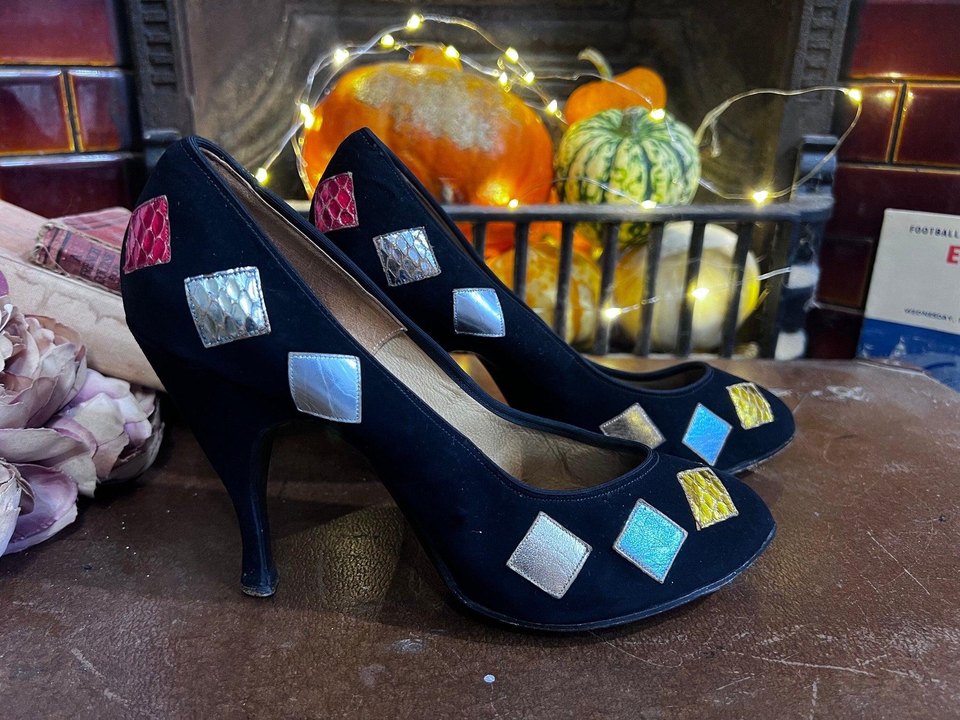 1950s Vintage Black Stilettos shoes Black Suede Patchwork UK4 - Vintage Stilettos - Vintage Shoes, 1950s 60s - Matthias Robinson Ltd -Leeds