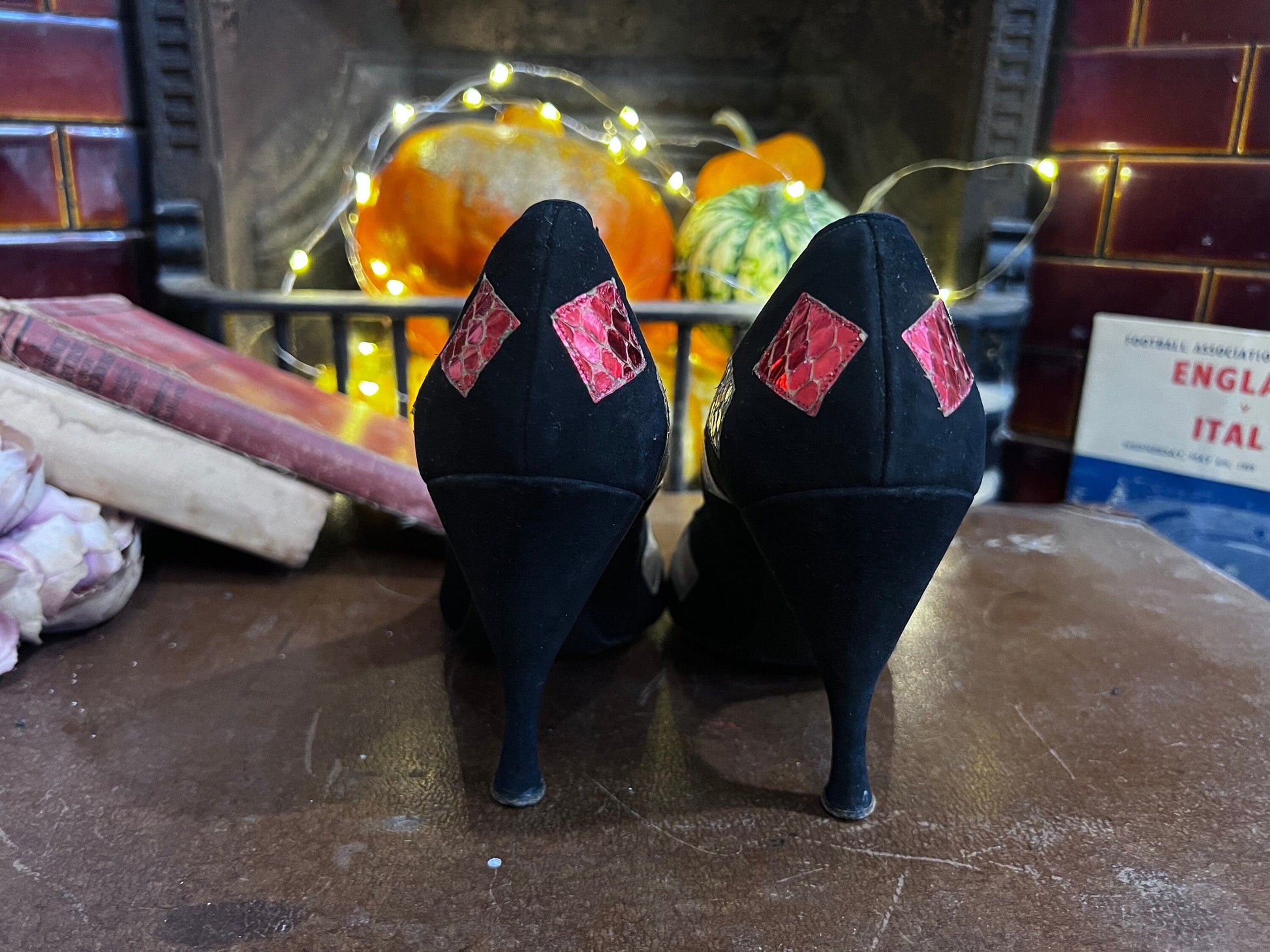 1950s Vintage Black Stilettos shoes Black Suede Patchwork UK4 - Vintage Stilettos - Vintage Shoes, 1950s 60s - Matthias Robinson Ltd -Leeds