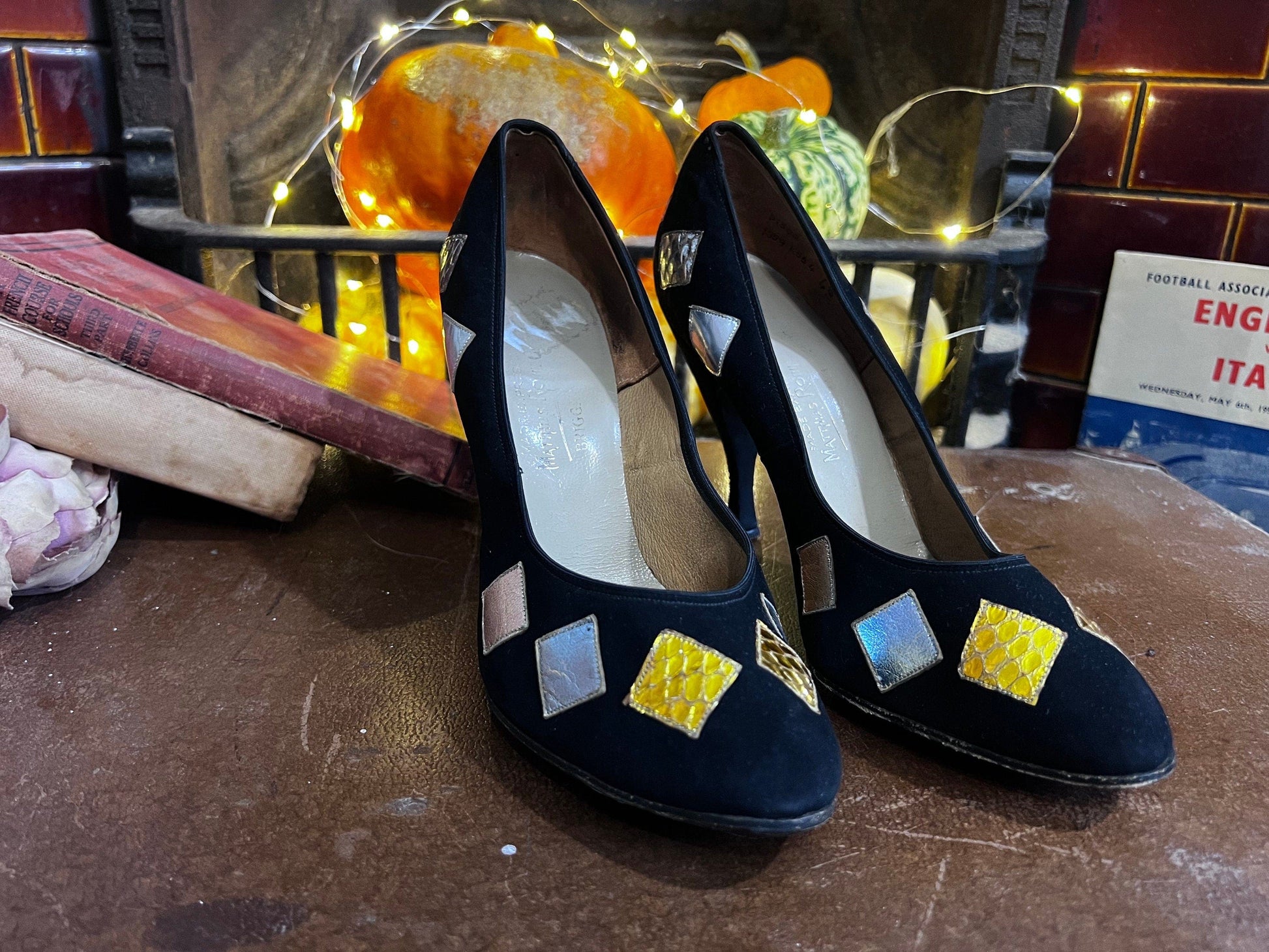 1950s Vintage Black Stilettos shoes Black Suede Patchwork UK4 - Vintage Stilettos - Vintage Shoes, 1950s 60s - Matthias Robinson Ltd -Leeds