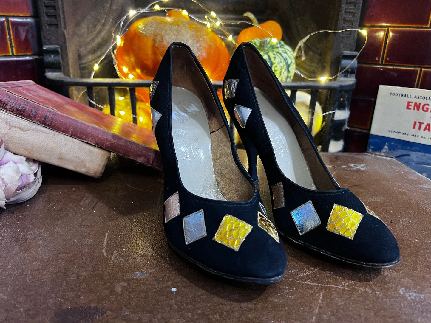 1950s Vintage Black Stilettos shoes Black Suede Patchwork UK4 - Vintage Stilettos - Vintage Shoes, 1950s 60s - Matthias Robinson Ltd -Leeds