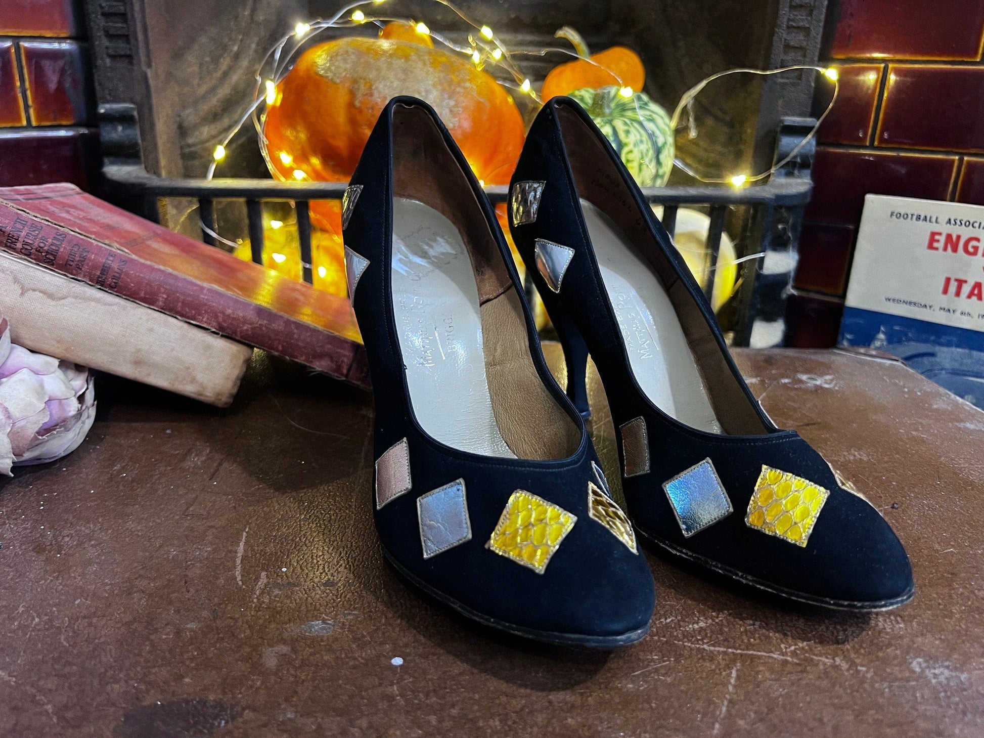 1950s Vintage Black Stilettos shoes Black Suede Patchwork UK4 - Vintage Stilettos - Vintage Shoes, 1950s 60s - Matthias Robinson Ltd -Leeds