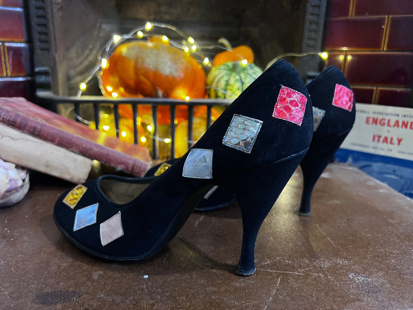 1950s Vintage Black Stilettos shoes Black Suede Patchwork UK4 - Vintage Stilettos - Vintage Shoes, 1950s 60s - Matthias Robinson Ltd -Leeds