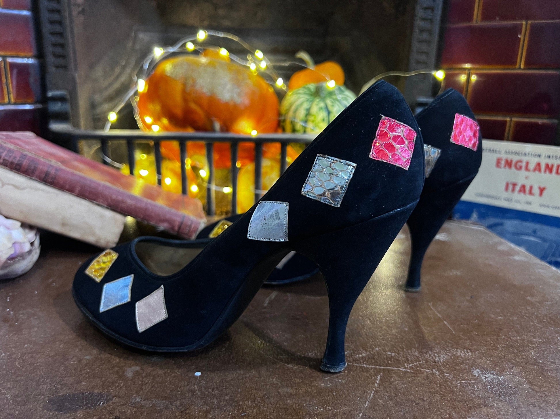 1950s Vintage Black Stilettos shoes Black Suede Patchwork UK4 - Vintage Stilettos - Vintage Shoes, 1950s 60s - Matthias Robinson Ltd -Leeds