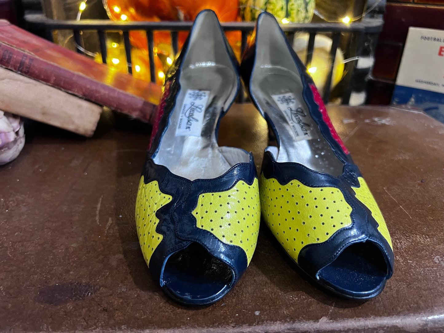 1950s Vintage Navy Yellow Kitten Heel shoes Patchwork Punchwork UK6 - Vintage Stilettos - Vintage Shoes, 1950s 60s - Lucal Sax - UNWORN