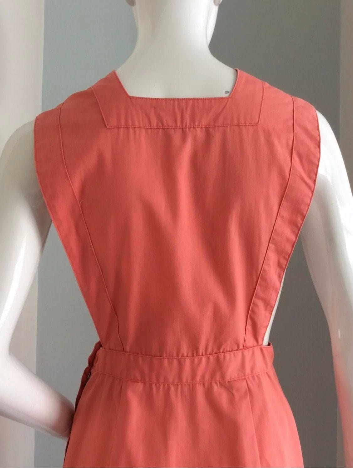 1950s Vintage Pinafore Dress Coral Pink Cotton Uniform - True Vintage sleeveless pinafore coral workwear