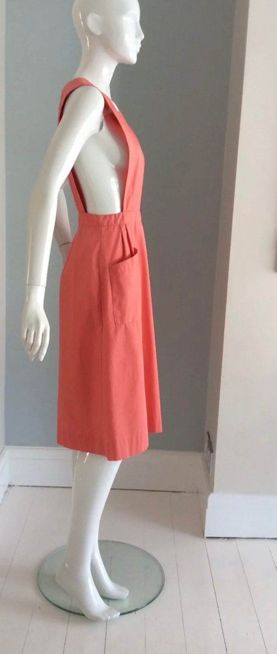 1950s Vintage Pinafore Dress Coral Pink Cotton Uniform - True Vintage sleeveless pinafore coral workwear