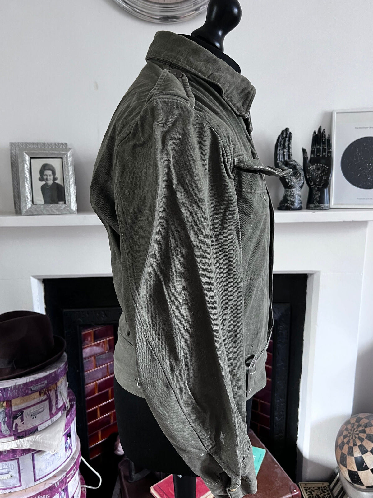 Vintage 1952 British Military Olive Green Denim Blouse Jacket | Original Army Workwear | Korean War Era Belted Utility Jacket | S/M