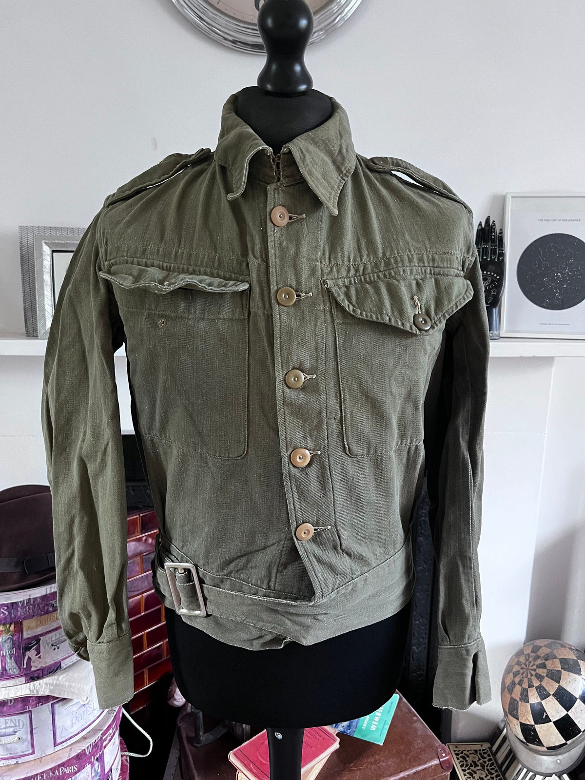 Vintage 1952 British Military Olive Green Denim Blouse Jacket | Original Army Workwear | Korean War Era Belted Utility Jacket | S/M