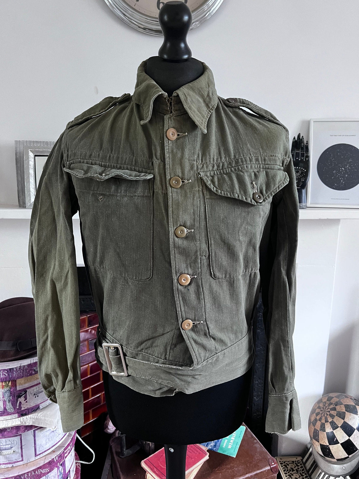 Vintage 1952 British Military Olive Green Denim Blouse Jacket | Original Army Workwear | Korean War Era Belted Utility Jacket | S/M