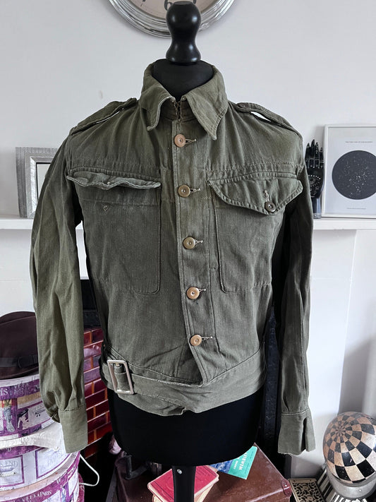 Vintage 1952 British Military Olive Green Denim Blouse Jacket | Original Army Workwear | Korean War Era Belted Utility Jacket | S/M