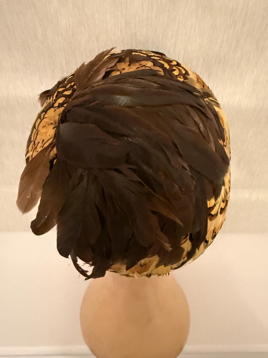 1960s Golden Feather Cocktail Hat | Vintage Pillbox Occasion Hat | Mid Century Statement Headpiece