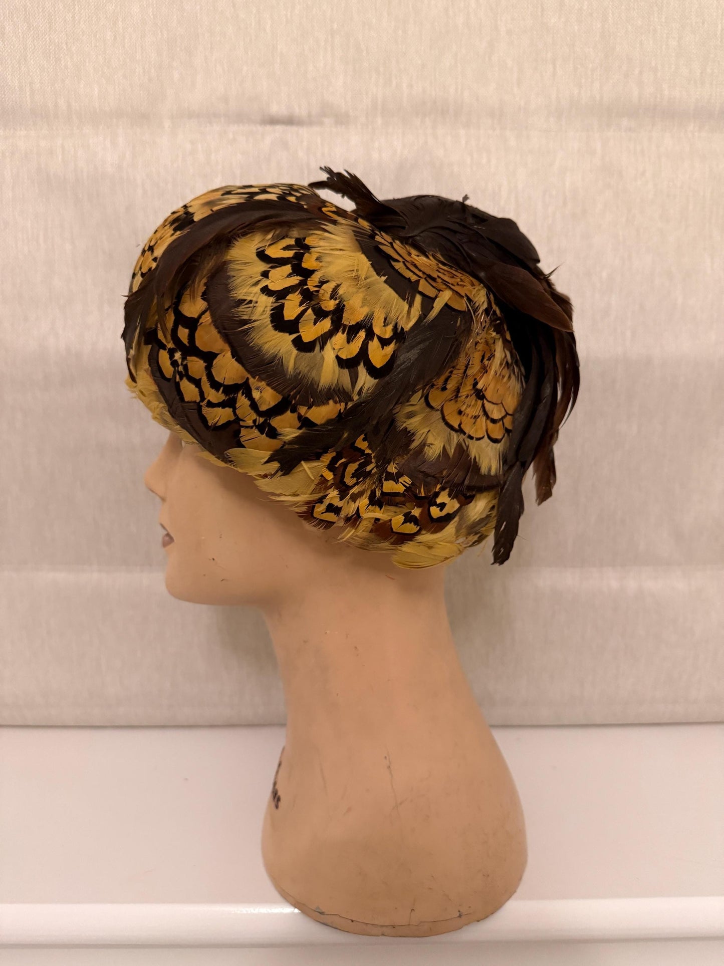 1960s Golden Feather Cocktail Hat | Vintage Pillbox Occasion Hat | Mid Century Statement Headpiece