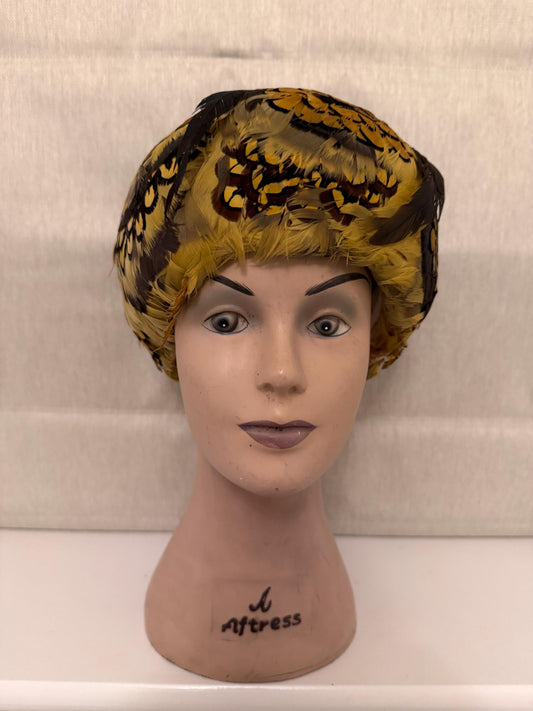 1960s Golden Feather Cocktail Hat | Vintage Pillbox Occasion Hat | Mid Century Statement Headpiece