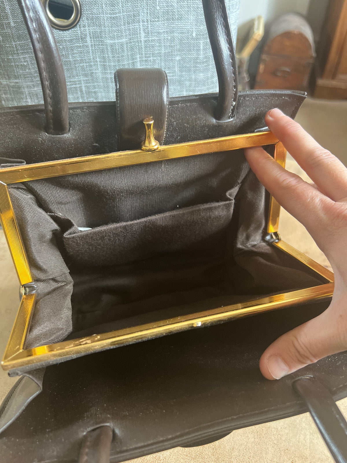 vintage brown handbag brown ladies bag 1960s vintage bag, gold coloured clasp, small leather look, vinyl handbag 60s brown bag, handbag