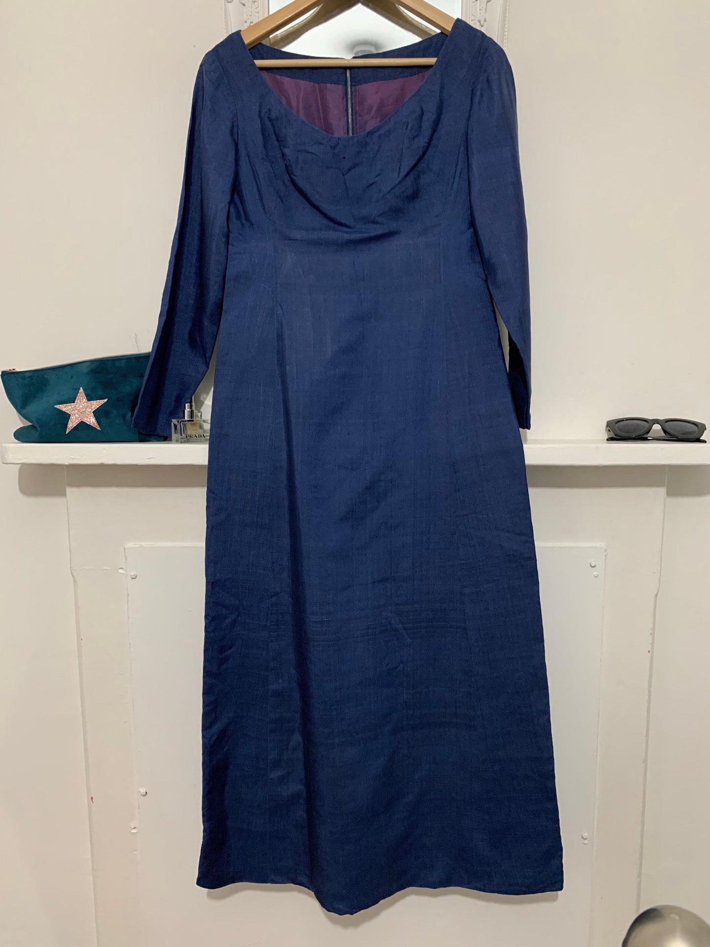 1960s Column Dress Blue Silk - Mary Fair of Baker Street, London